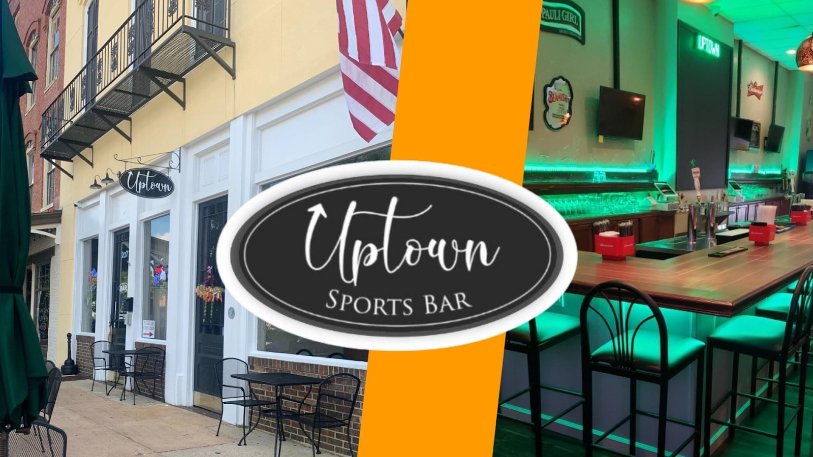 Uptown storefront, logo, and bar interior